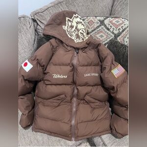 New Dark Sport Brown Puffer Jacket with Patches